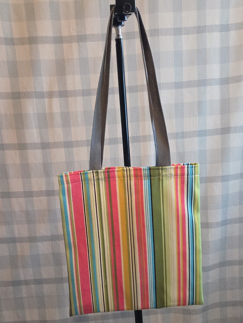 Striped Multicolor Canvas Tote with Gray Shoulder Straps